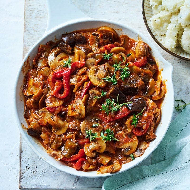 Mushroom and eggplant chasseur with cauliflower purée