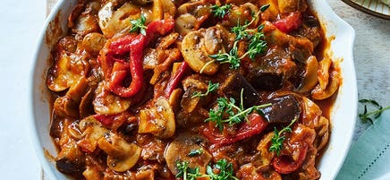 Mushroom and eggplant chasseur with cauliflower purée