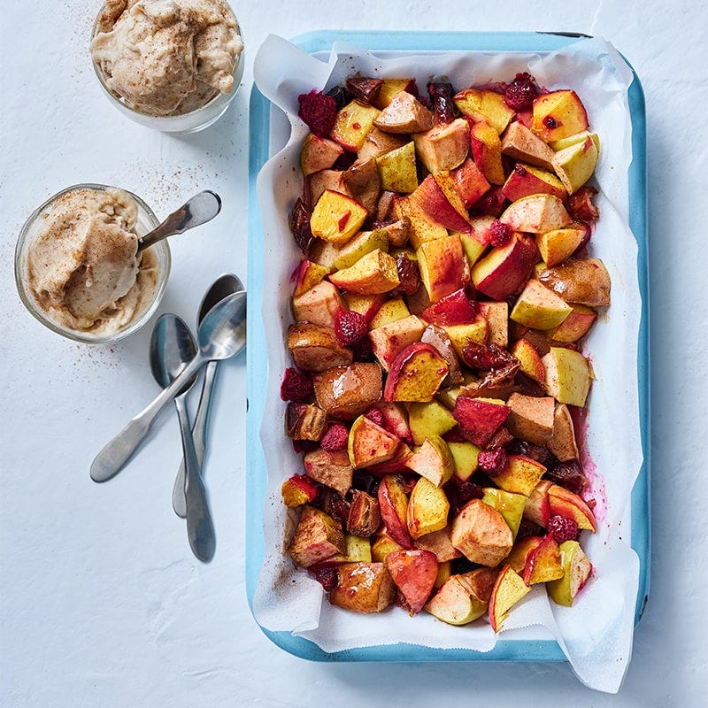 Baked fruit with banana whip 'ice cream'