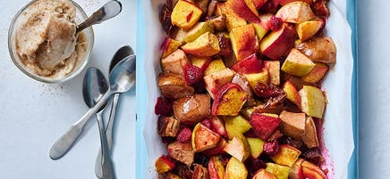 Baked fruit with banana whip 'ice cream'