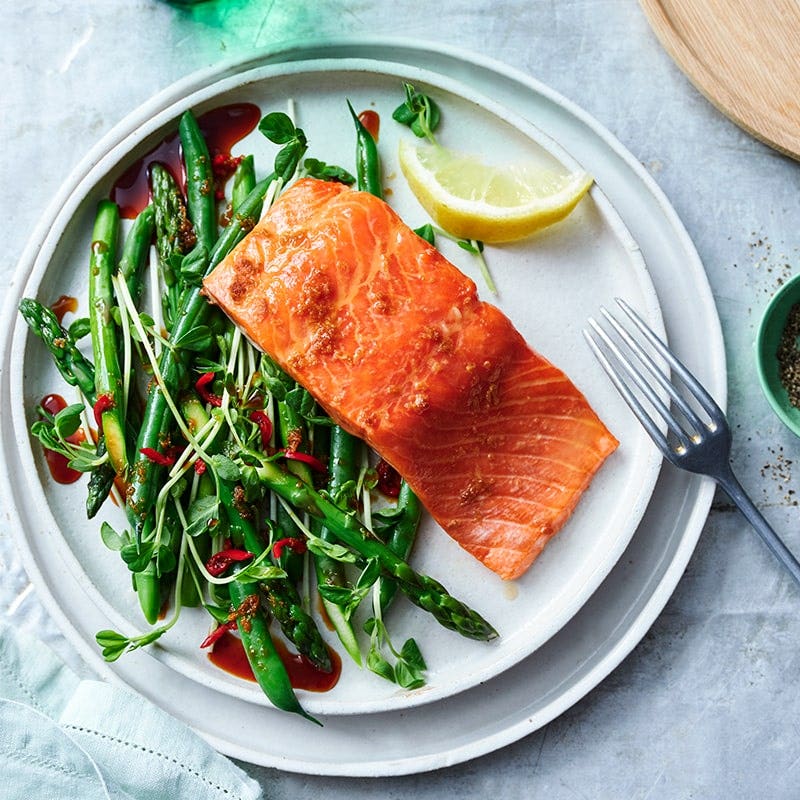 Baked ginger trouth with green veggie salad