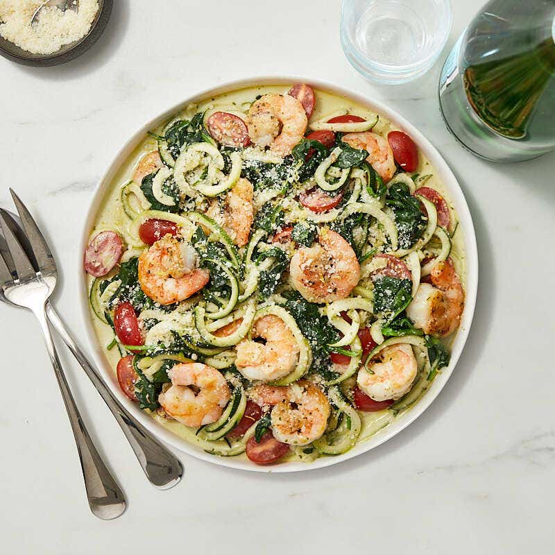 Creamy pesto zucchini noodles with shrimp and spinach