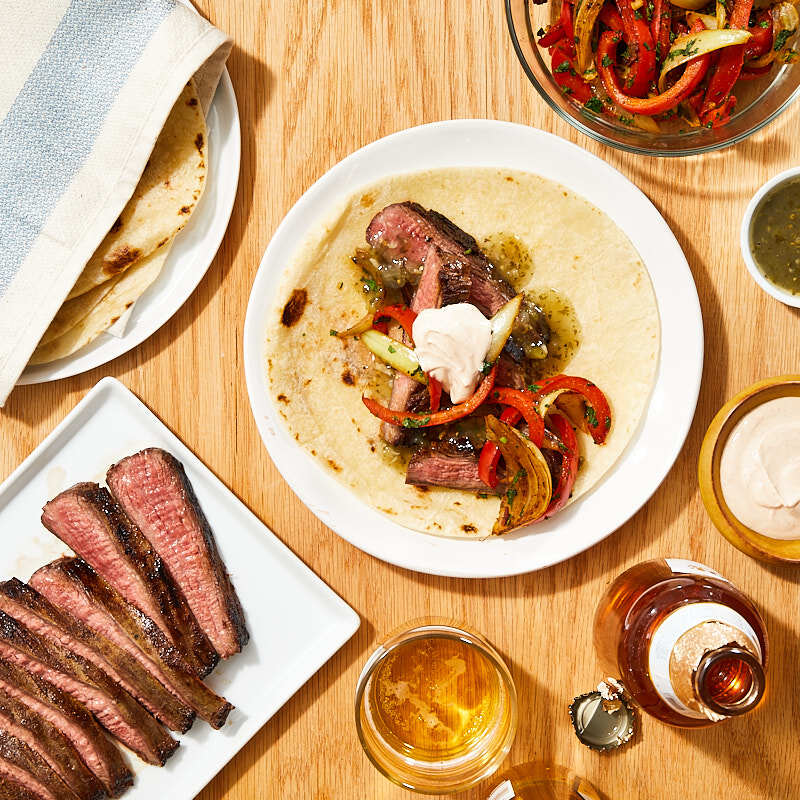 Smoky steak fajitas with salsa verde