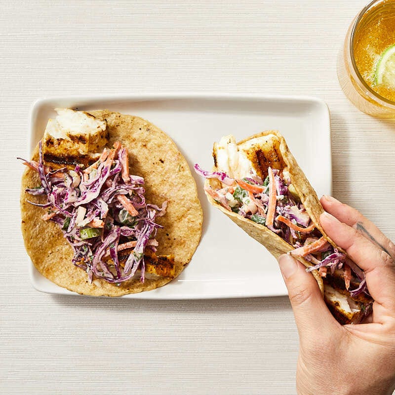 Fresh fish tacos with red cabbage slaw