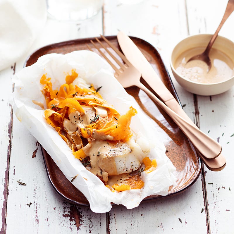 Papillote de colin à la chicorée et patate douce
