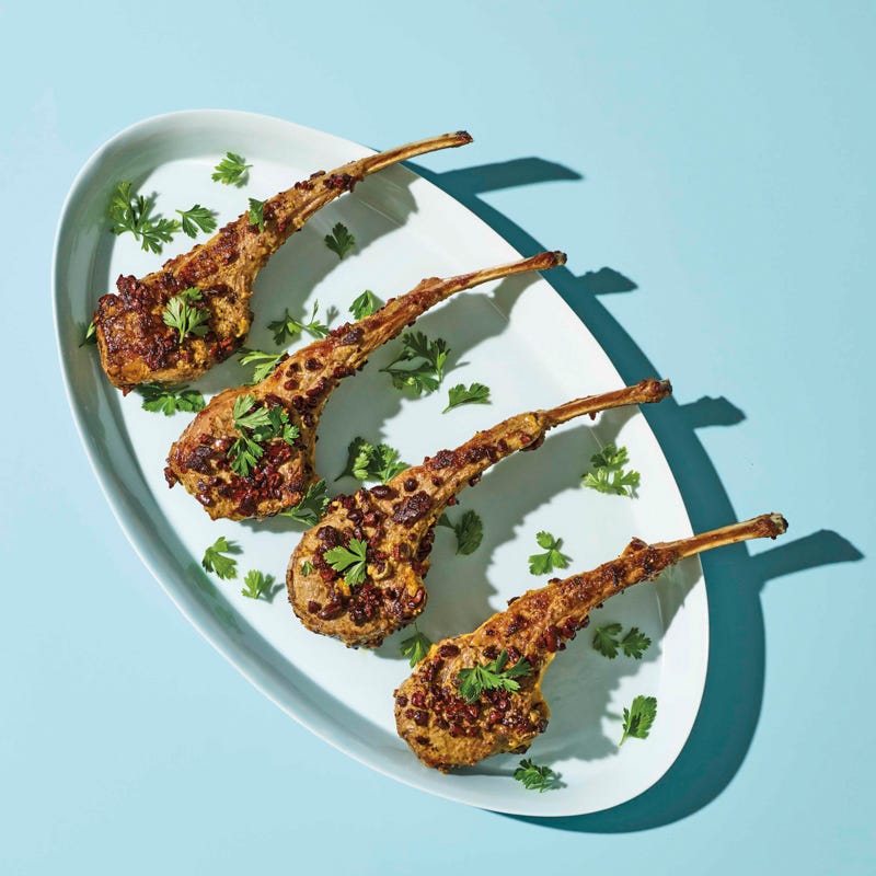 Cocoa nib–crusted lamb chops