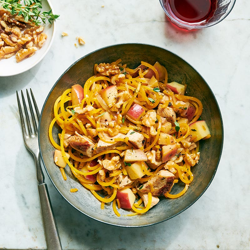 Butternut pumpkin noodles with chicken, apples and thyme