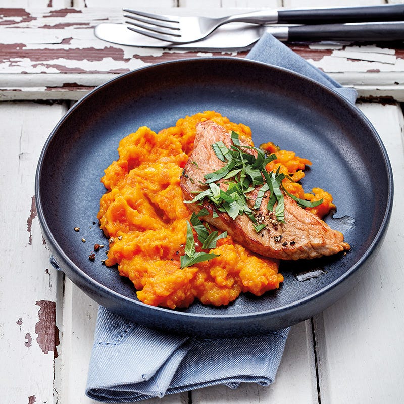 Balsamicoschnitzel mit Kürbis-Karotten-Stampf