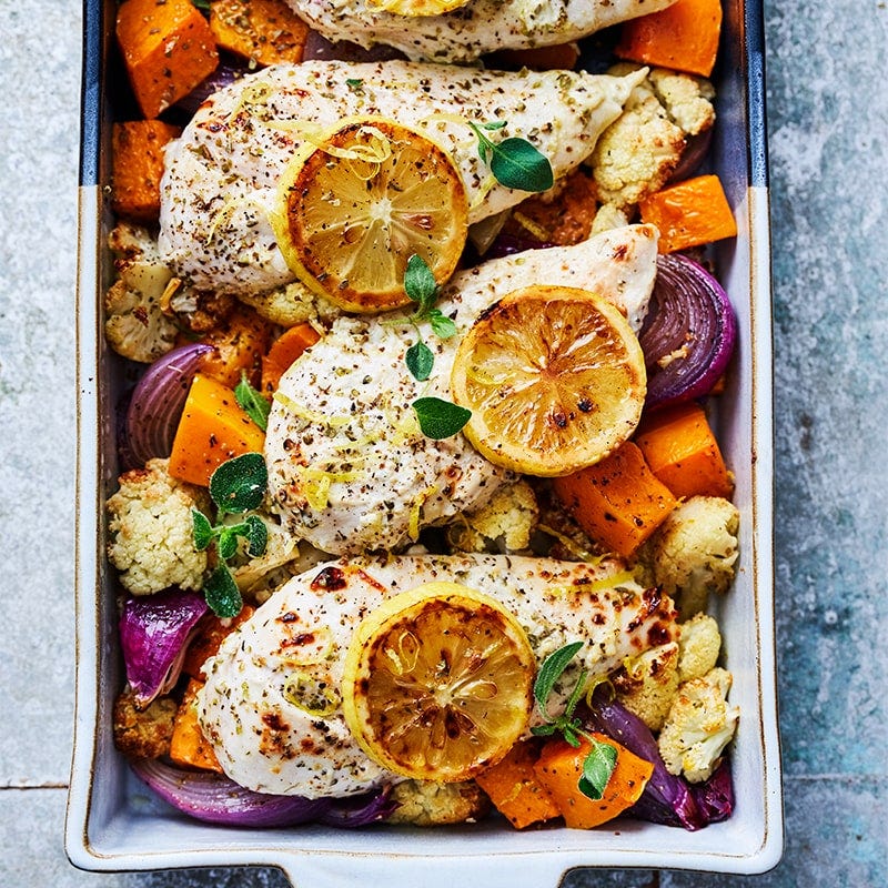 Lemon, oregano and yoghurt chicken tray bake