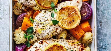 Lemon, oregano and yoghurt chicken tray bake