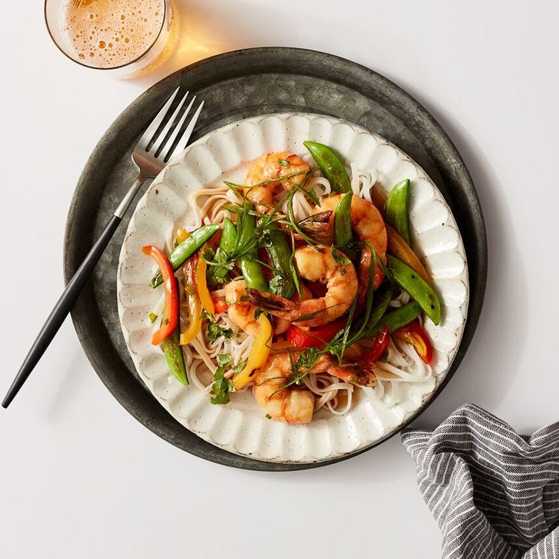 Chilli prawn and snap pea stir-fry