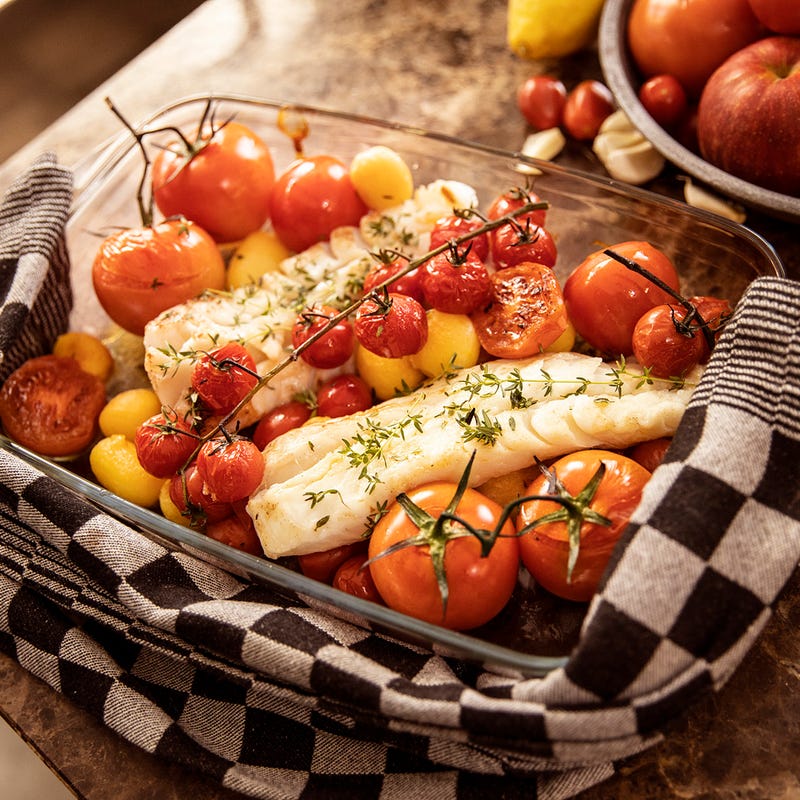 Aardappel-tomatenschotel met heilbot