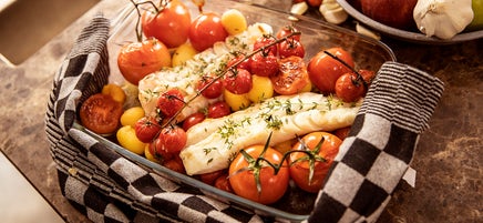 Aardappel-tomatenschotel met heilbot
