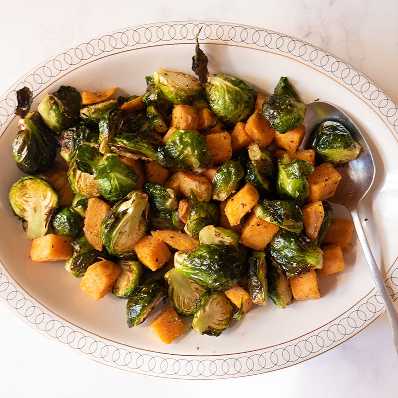 Air fryer sweet potatoes and sprouts
