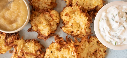 Air fried latkes with scallion yogurt sauce