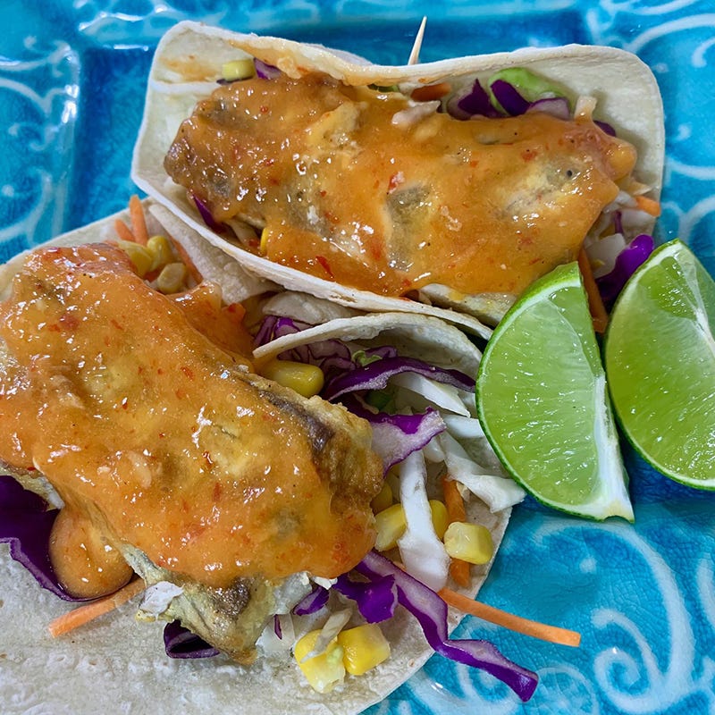 Shellie's fish tacos with mango sauce