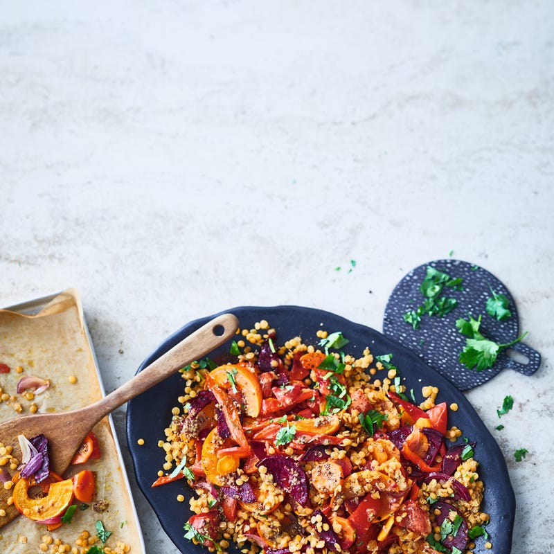 Gesmoorde ovengroenten met rode linzen