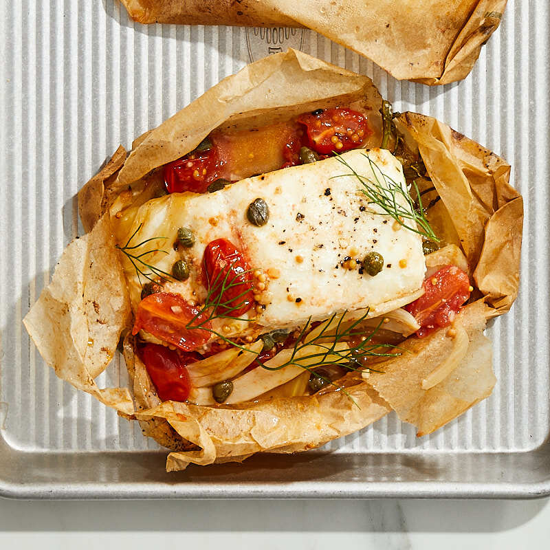 Tarragon and white wine halibut en papillote with tomatoes, fennel, and capers by Daphne Oz