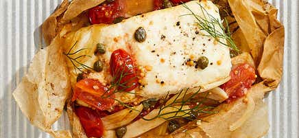 Tarragon and white wine halibut en papillote with tomatoes, fennel, and capers by Daphne Oz