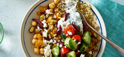 Greek quinoa bowl with chickpeas and eggplant