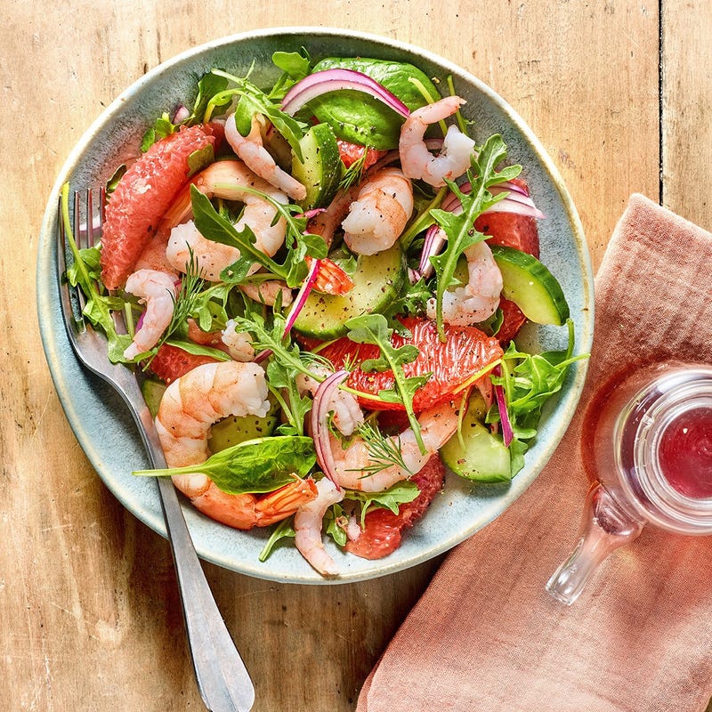 Salade de roquette aux crevettes et pamplemousse rose