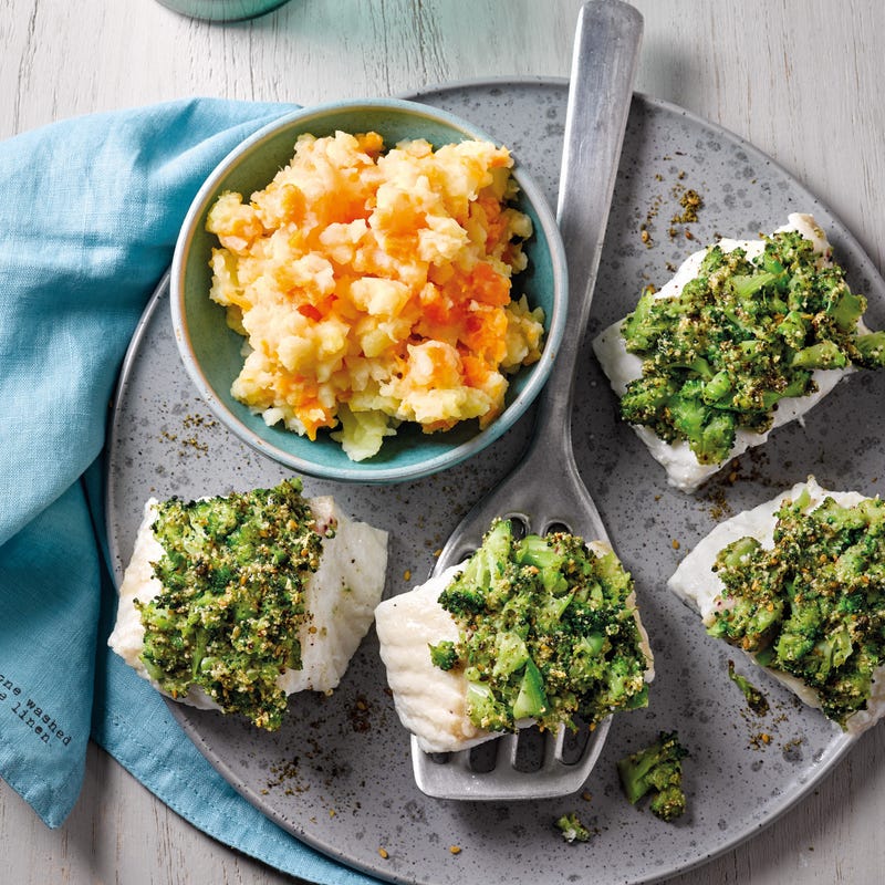 Foto van Zeewolf met broccolikorst en knolselderij-wortelstamppot door WW