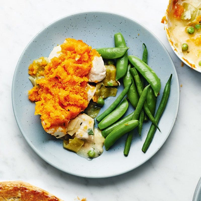 Photo de/du Petit plat aux poulet, poireaux et petits pois, version légume par WW