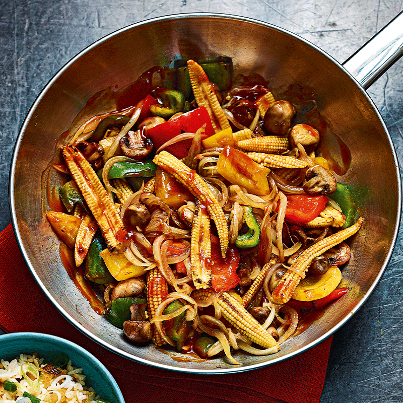 Korean veggie stir-fry with fried shallot rice