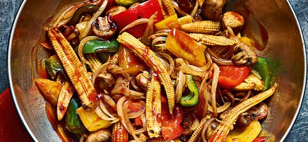 Korean veggie stir-fry with fried shallot rice