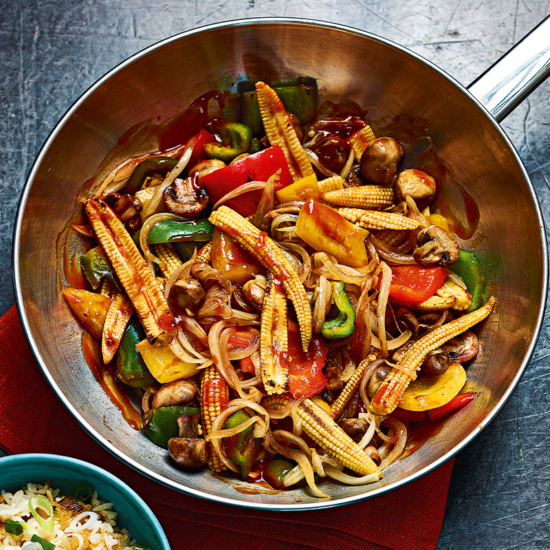 Korean veggie stir-fry with fried shallot rice