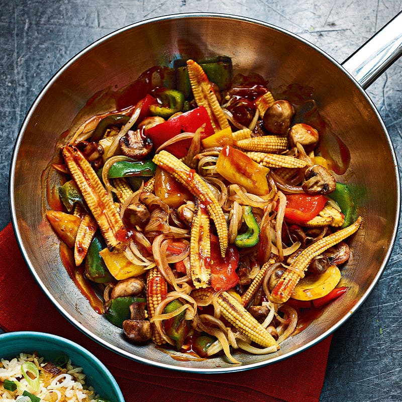 Korean veggie stir-fry with fried shallot rice