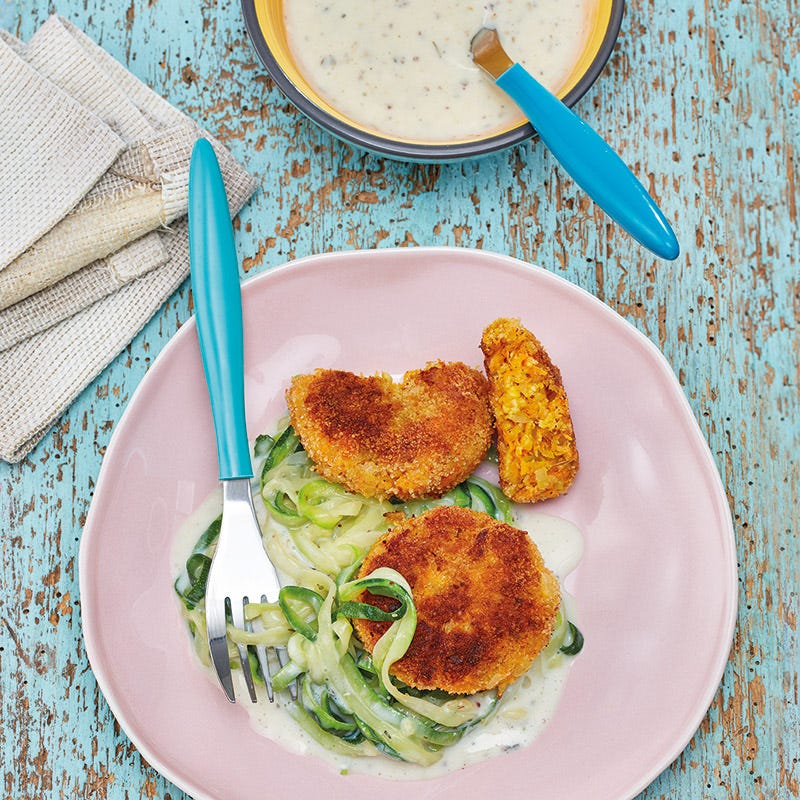 Gemüsefrikadellen auf Zoodles mit Honig-Senf-Sauce