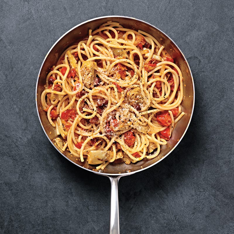 Foto van Bucatini all'Amatriciana met artisjok door WW