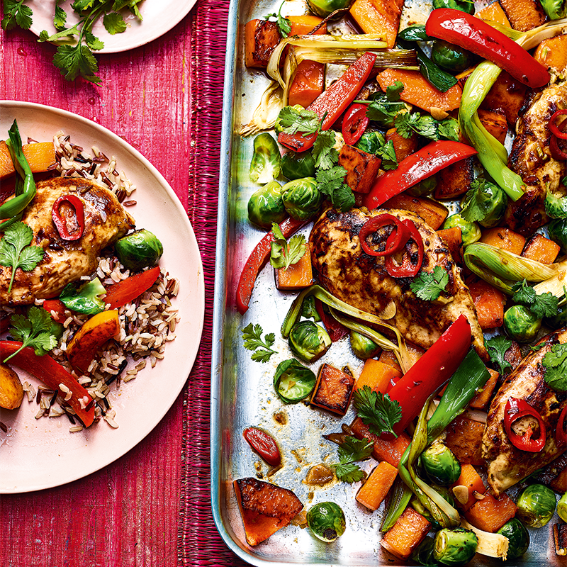 Sticky honey chicken  and  pumpkin tray bake