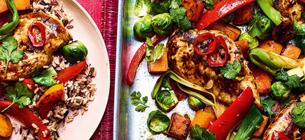 Sticky honey chicken and pumpkin tray bake
