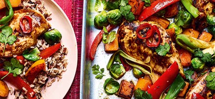 Sticky honey chicken and pumpkin tray bake