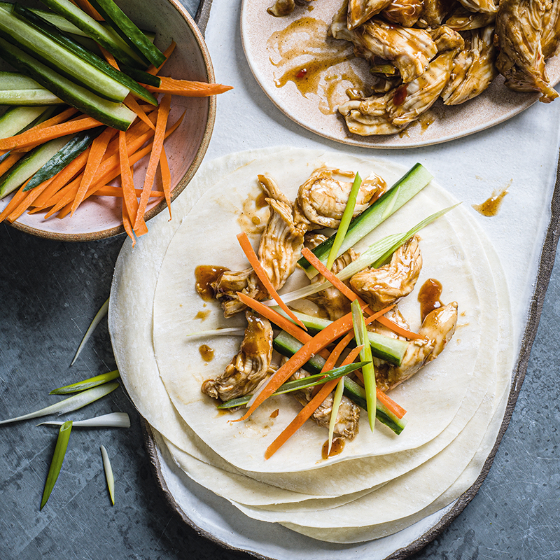 Chinese pancakes with soy-poached chicken