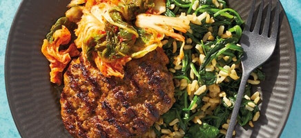 Grilled pork patties with garlicky rice and kimchi