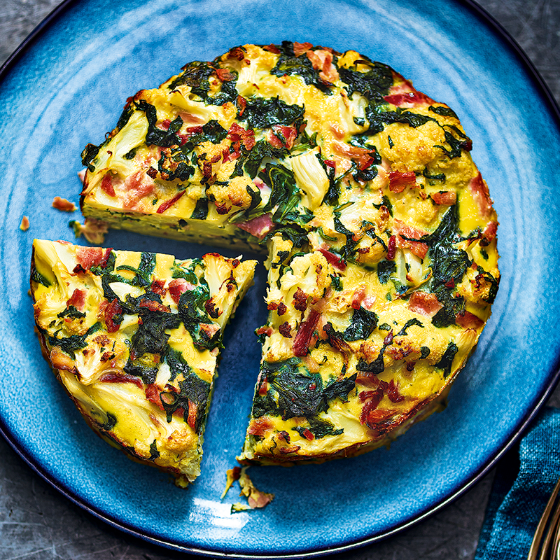 Roasted cauliflower, ham and mustard frittata