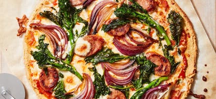 Chickpea-crust pizza with broccoli & sausage