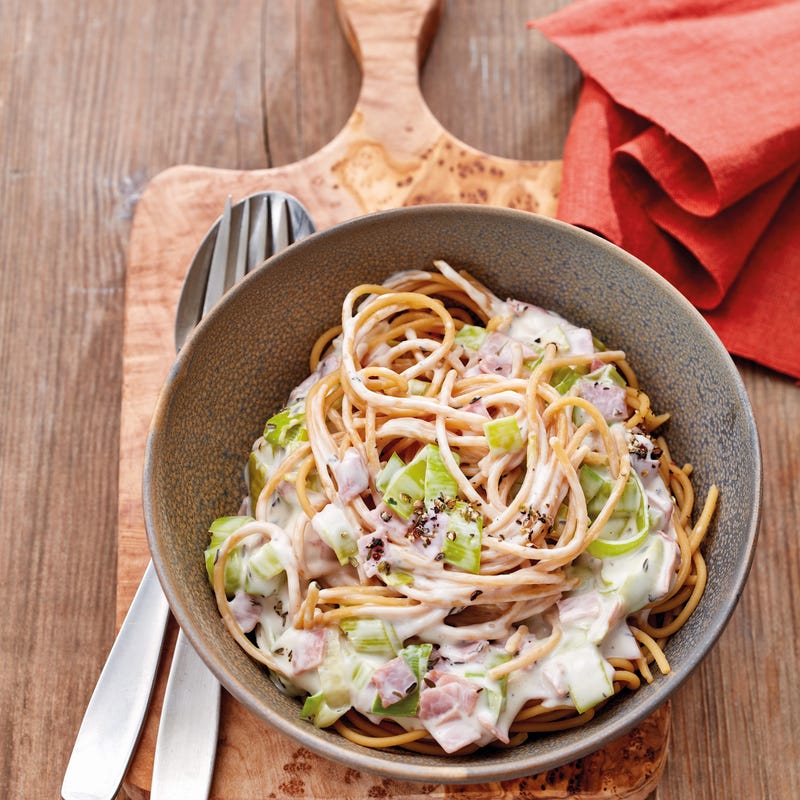 Foto van Linzenspaghetti met prei-hamsaus door WW
