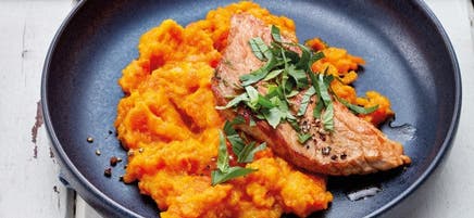 Escalope de porc et purée de carottes et de potiron