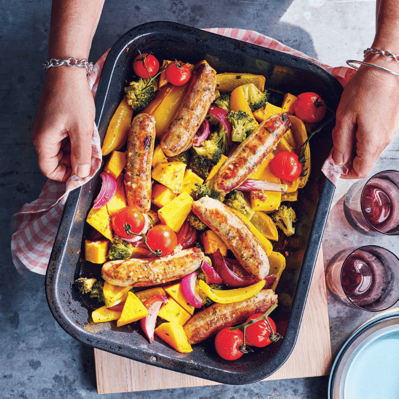 Chicken sausage tray bake