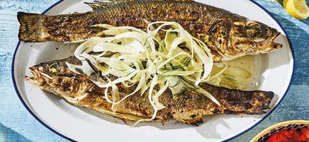 Branzino grillé avec relish aux poivrons rôtis et fenouil