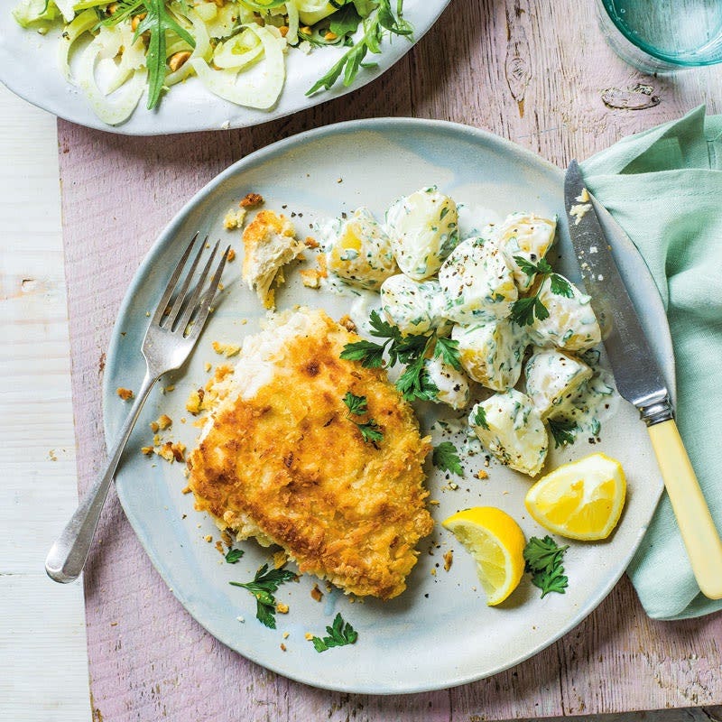 Zitronen-Petersilien-Kartoffeln mit Hähnchenschnitzel