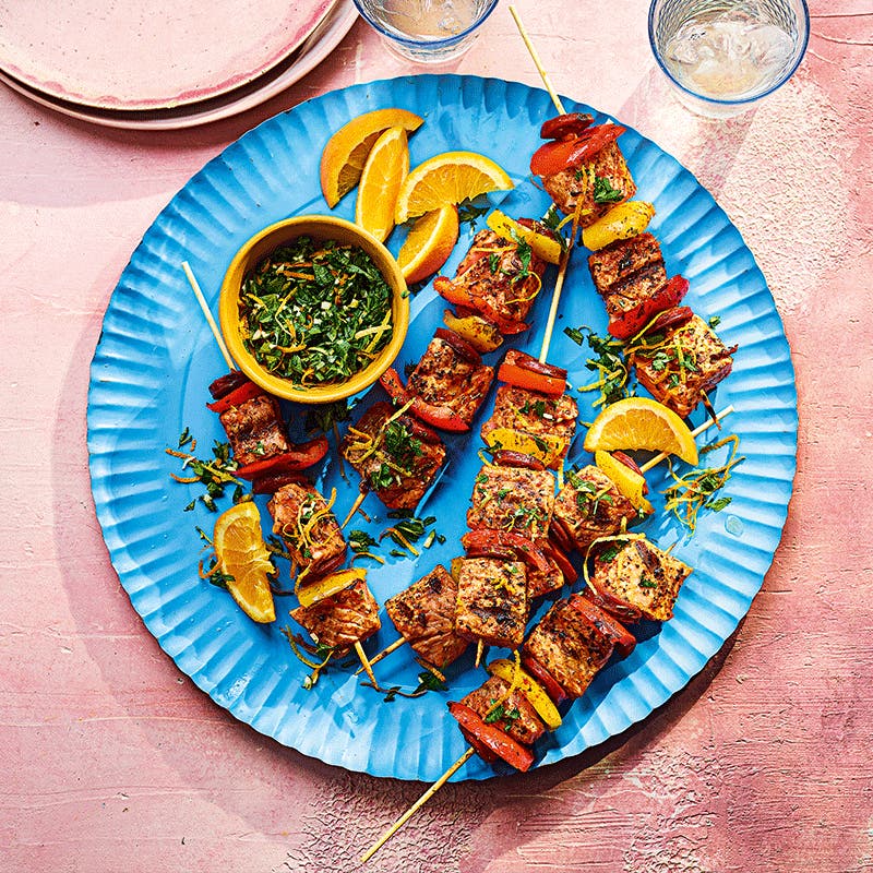 Smoky salmon and chorizo skewers with gremolata