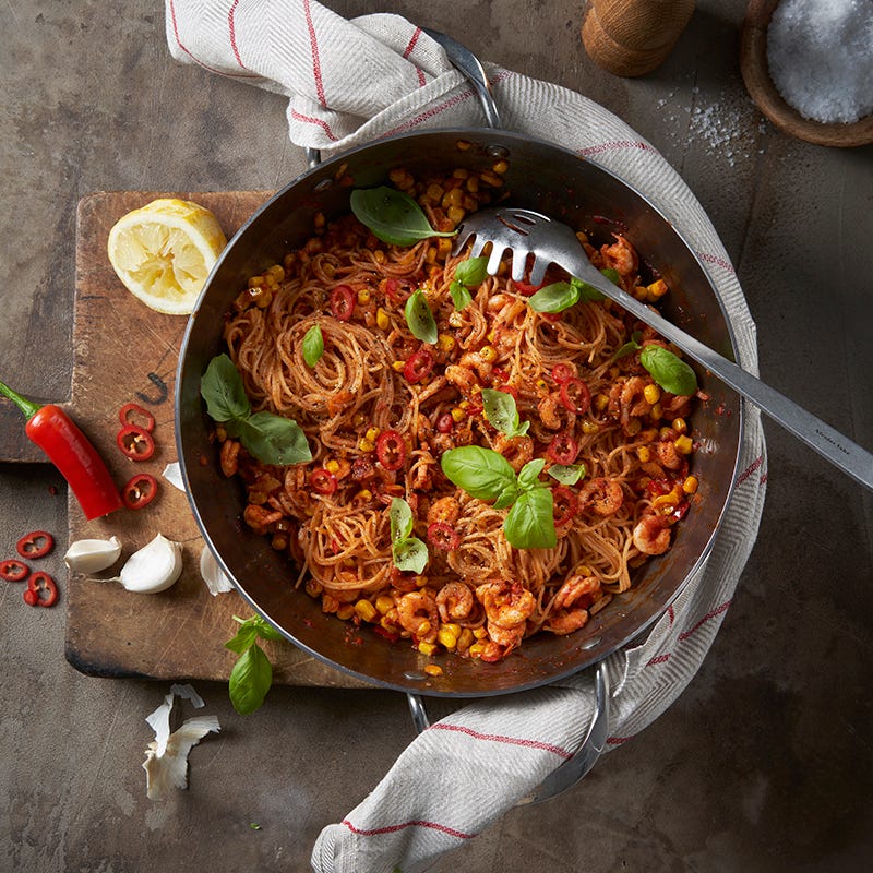 ViktVäktarna - Chili- och vitlöksräkor med pasta och majs