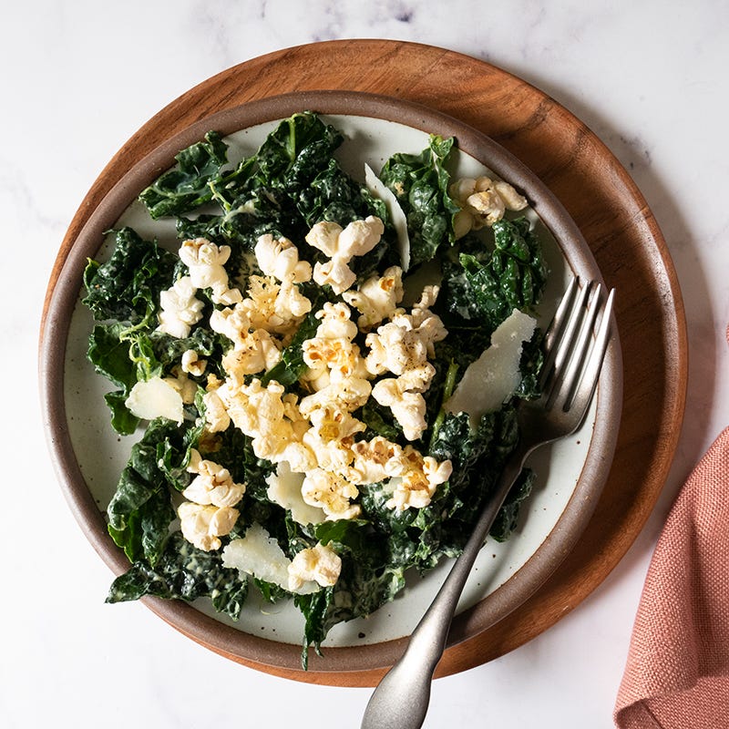 Kale Caesar salad with Parmesan popcorn croutons
