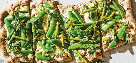 Asparagus, sugar snap, & ricotta pizza