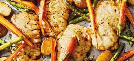 Cod with asparagus, baby carrots & new potatoes